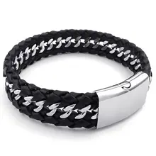 Men’s Jewelry Bracelet Wide Bangle Leather Stainless Steel Black