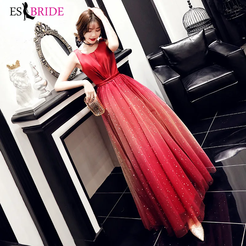 2019 real photo evening gowns for women elegant red starry sky evening dresses long sexy sleeveless evening dress ES2410