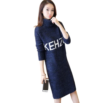 

High collar sweater female winter new style plus size letter jacquard sweater jacket medium long thicken sweater dress women