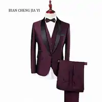Mens Formal Wedding 3 Piece Suit Business Slim Fit Shawl Lapel Groom Tuxedos Men Single Breasted Wine Red Evening Suit Blazer
