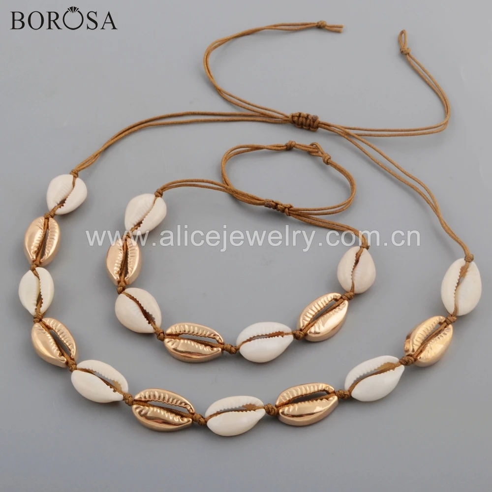 

BOROSA 5Sets New Gold Color Natural Cowrie Shell Handcrafted Adjustable Bracelet Necklace Jewelry Sets for Women Girls WX1095