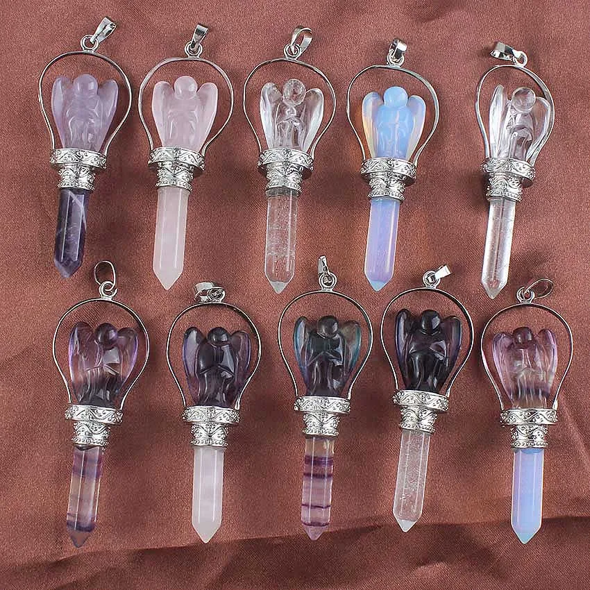 KFT Natuarl Healing Crystal Quartz Hexagonal Carve Angel Stone Pendulum Pendant Fluorite Pink Quartz Opalite Opal Women Jewelry