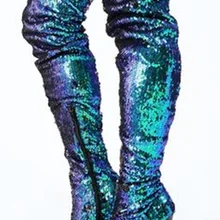 Женские высокие сапоги «русалка», украшенные блестками; Цвет зеленый, Павлин; нарядные сапоги с блестящими пайетками; шикарные ботфорты; US10