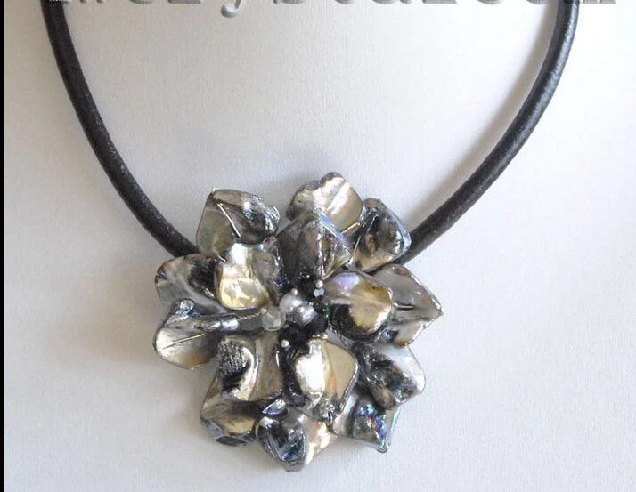 

black baroque shell pearl one flower bloom necklace^^^@^Noble style Natural Fine jewe FREE SHIPPING