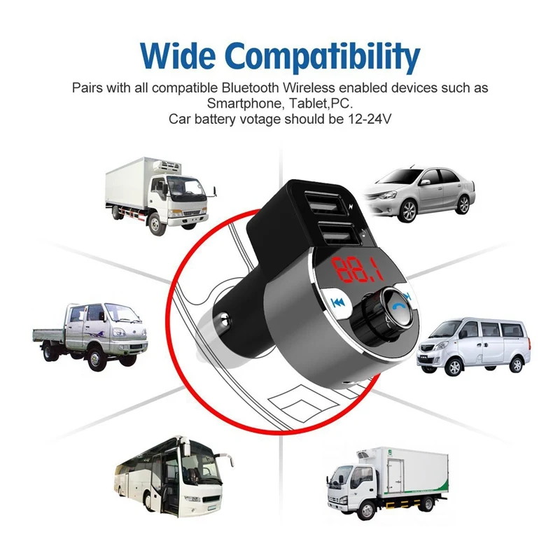 12V-24V Car Bluetooth FM Transmitter MP3 Player with Dual USB Ports Support USB Flash Drive/TF Car Kit Compact Light Weight