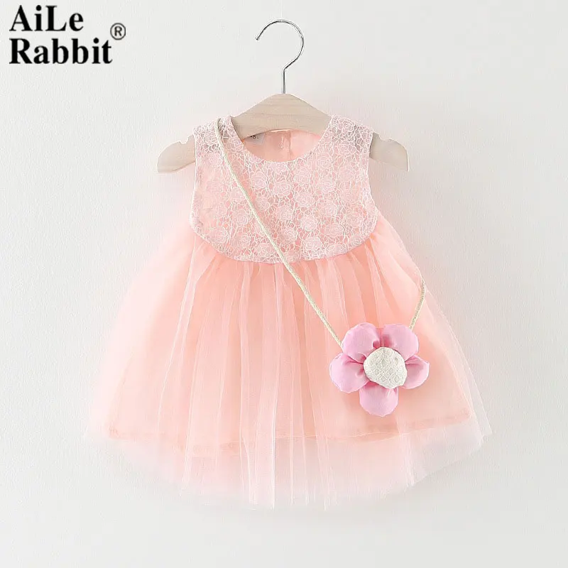 

AiLe Rabbit 2018 Sale Girl Dress Baby Baby Year Dresses + Flower Bag Lace Stitching Pink Blue Dream Kids
