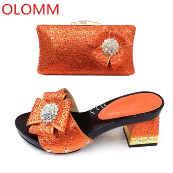 

OLOMM hot orange Shoes and Bag Set for Women Summer African Style italian Shoes and Bag Set for party Custom products!!!RR1-22