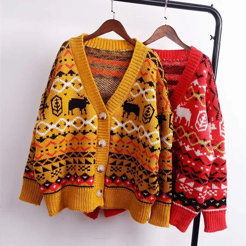 

New Women Casual V-Neck Retro Sweater Vintage Single Breasted Knitted Cardigans Winter Print With Deer Christmas Loose Coat