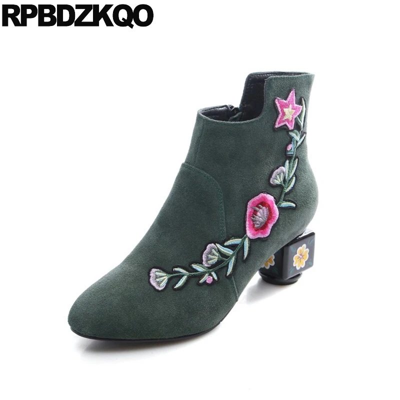 

Flower Suede Genuine Leather High Heel Shoes Short Embroidered Fall Thick Green Embroidery Booties Women Ankle Boots Medium