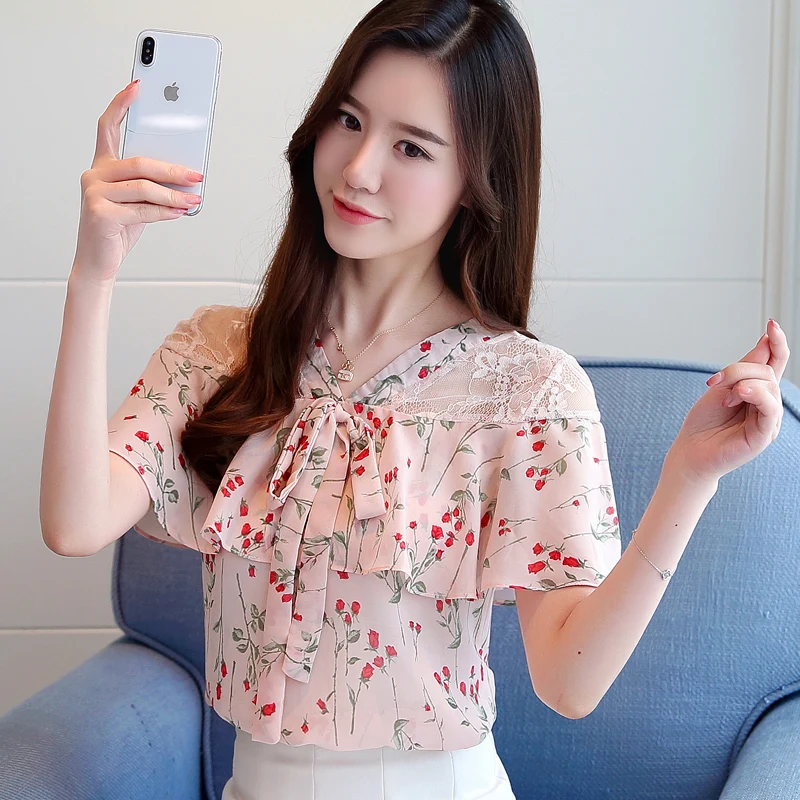 Womens Tops and Blouses Lace Chiffon Blouse Blusas Femininas Elegante Korean Fashion Clothing Ruffle Blouse Ladies Shirts