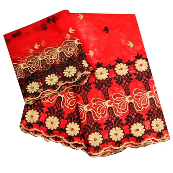 

Red 5yard african bazin riche getzner with beads 2yard nigerian gele headtie tulle lace for wedding A431-1