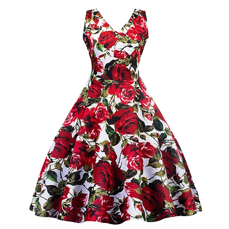 Vestidos Vintage con estampado de flores y rosas rojas, sin mangas, sexys,  de algodón, informales, Rockabilly, para fiesta de verano, 1950|Vestidos| -  AliExpress