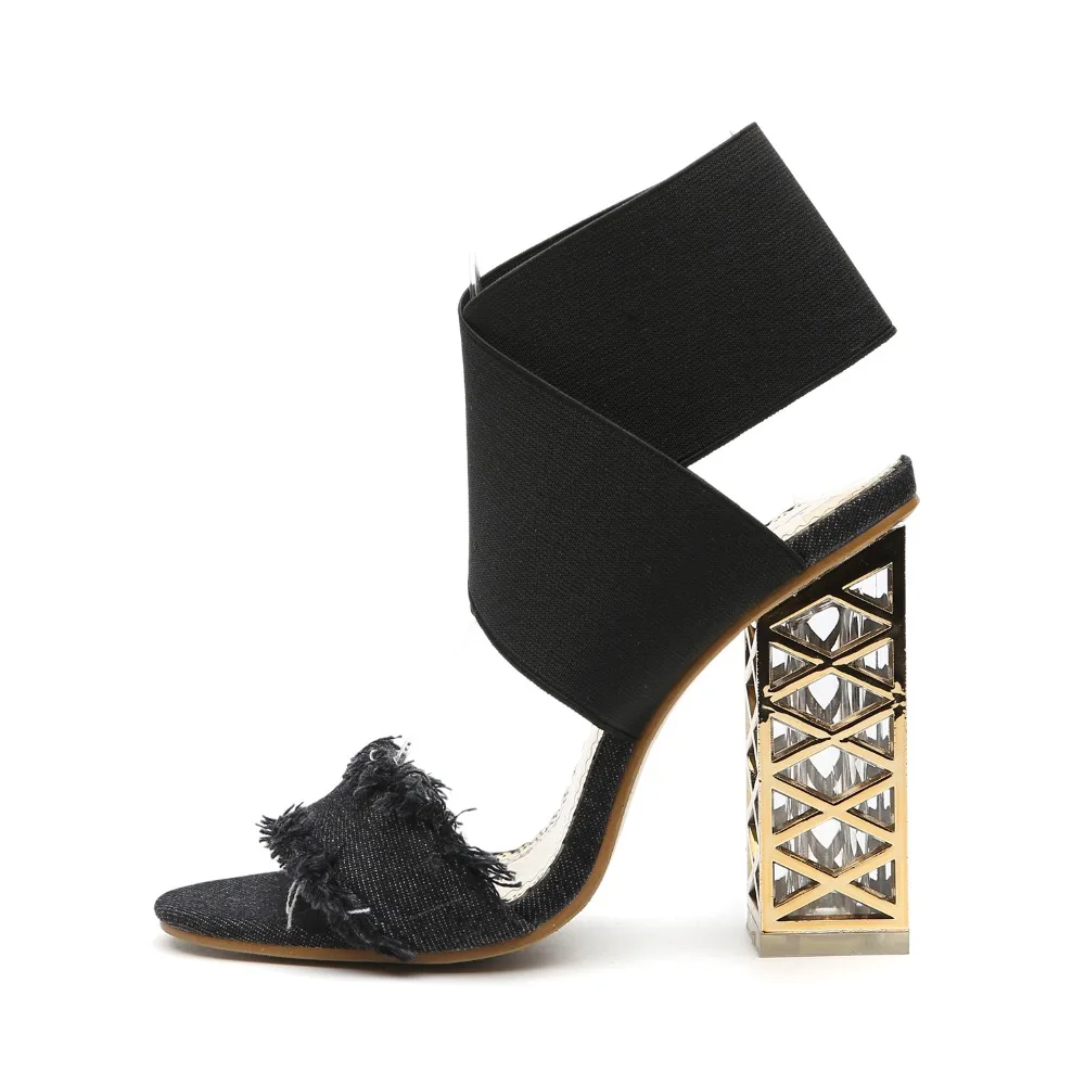 Джинсовые босоножки на высоком каблуке; Женская обувь в римском стиле на платформе с открытым носком; элегантные женские босоножки на квадратном каблуке с эластичным ремешком; однотонная обувь
