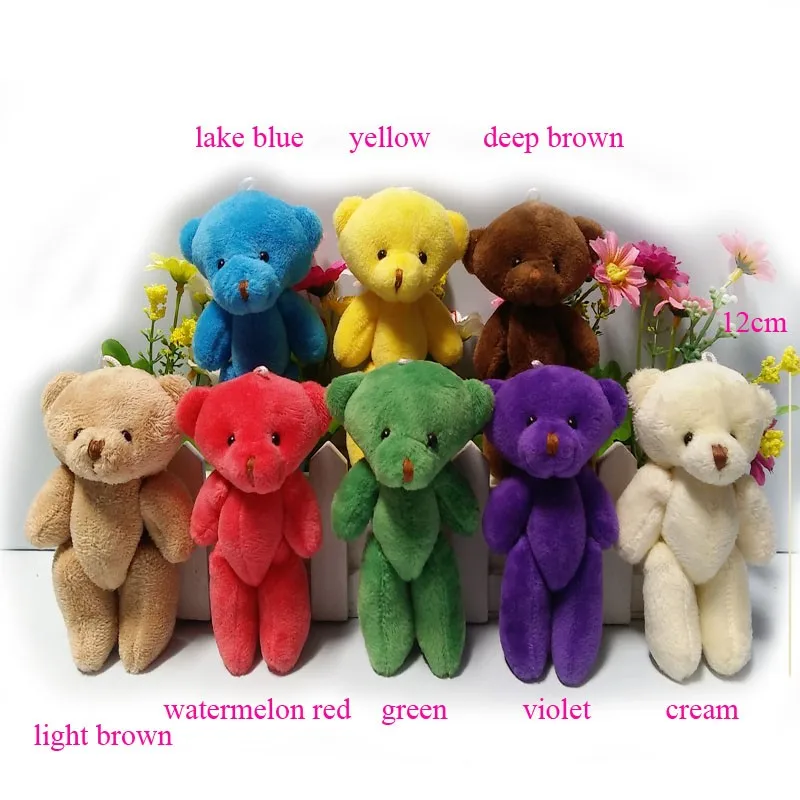 

12PCS/lot 12CM Jointed Mini Teddy Bear Kawaii Small Teddy Bear for Cartoon Bouquet Toy Wedding Gifts 8 colors to choose