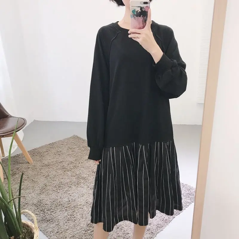 Winter Dresses Women 2017 Casual Loose Striped Patchwork Fake Two Piece Long SLeeve Sweatshirt Dress Black Midi D216 | Женская одежда