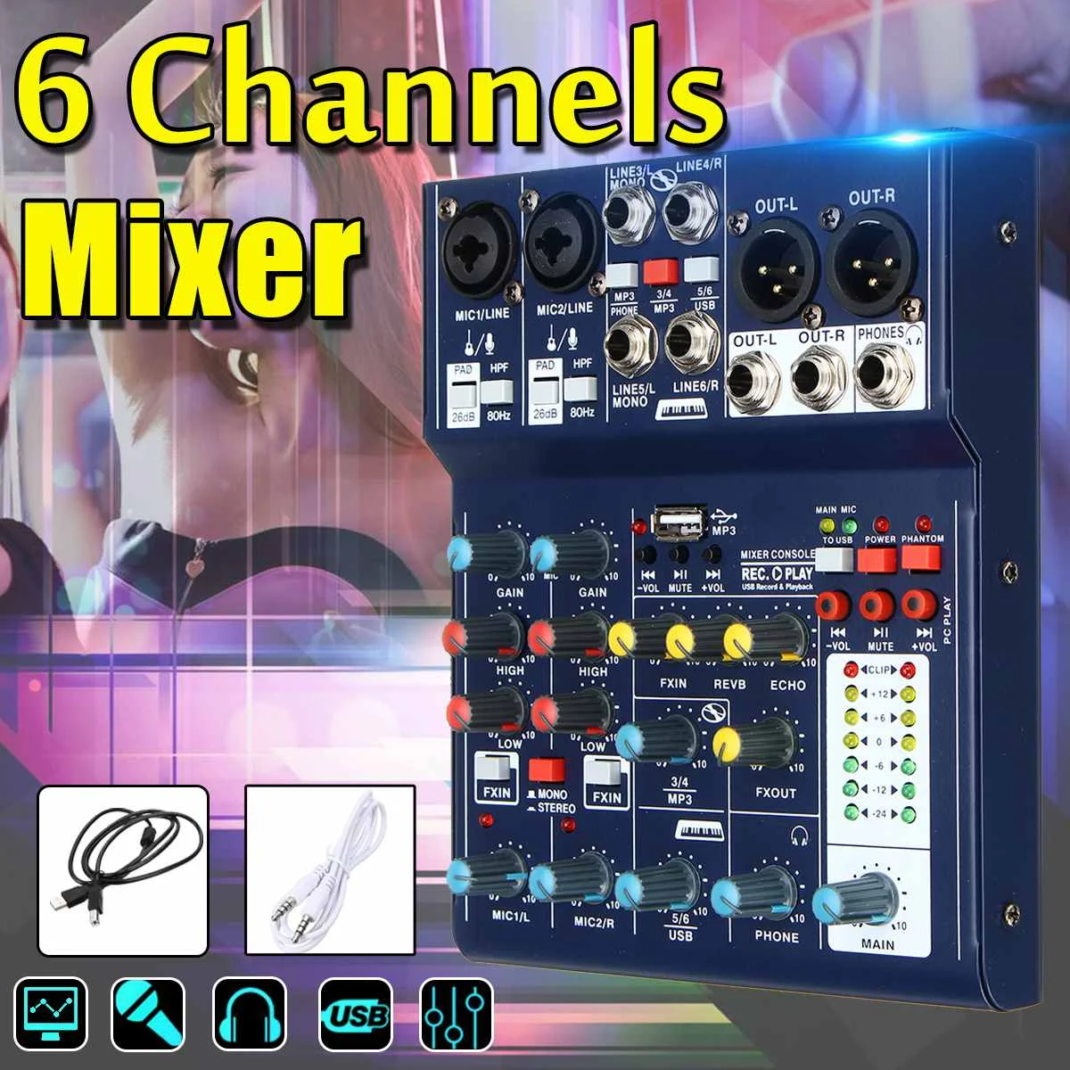 

Mini 6 Channel Professional USB Portable Audio Mixer 48V Phantom Mixing Console Karaoke Performance U Disk Personal Sound card