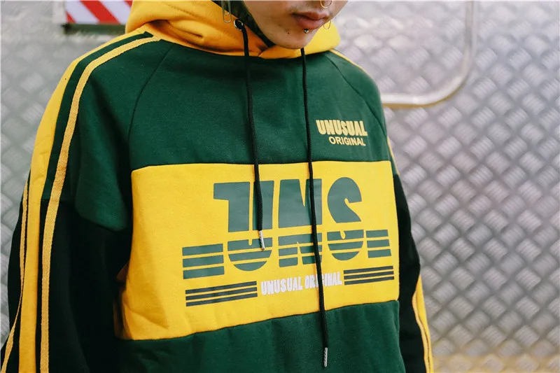 2019 Color Block Patchwork Printed Fleece Hoodies Streetwear Men Hip Hop Casual Pullover Sweatshirts Male Hoodie Tops