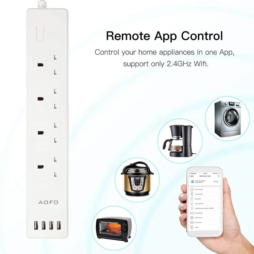 WiFi Smart Power Strip,AOFO Surge Protector Multi-Socket with 4 Sockets 4 USB Port, Alexa Echo/Smart Home Control Switch Time