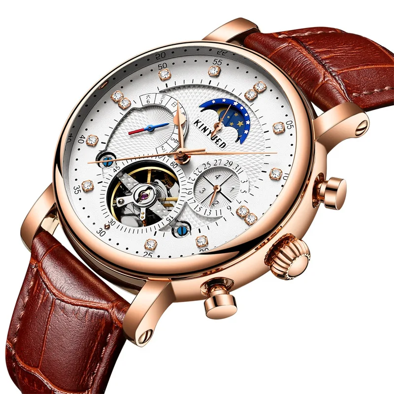 Новые швейцарские автоматические мужские механические часы KINYUED с кожаной