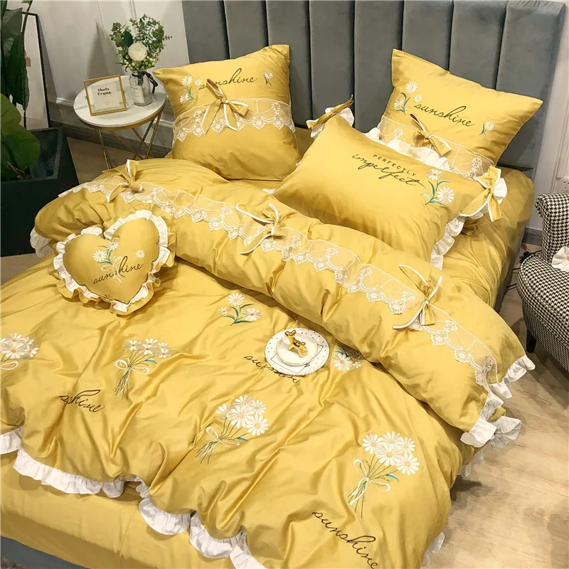 Little Daisy embroidery Bedding Sets girls Beddingset egyptian cotton Bed Linen Duvet Cover Bed Sheet Pillowcase/bed Sets 4/7pcs