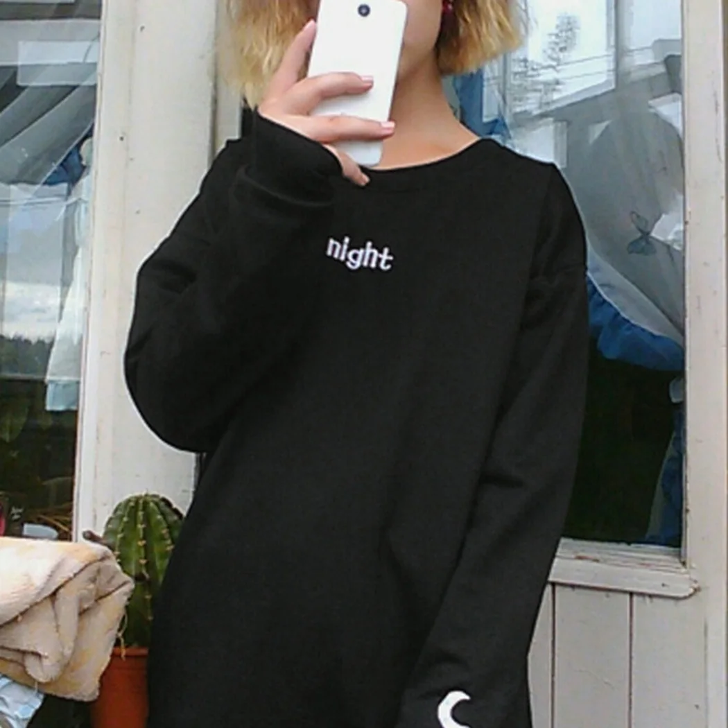 Для женщин День Ночь письмо толстовки Harajuku Защита от солнца Moon свитер с принтом Топ Модные женские длинным рукавом Свободный пуловер Sudadera