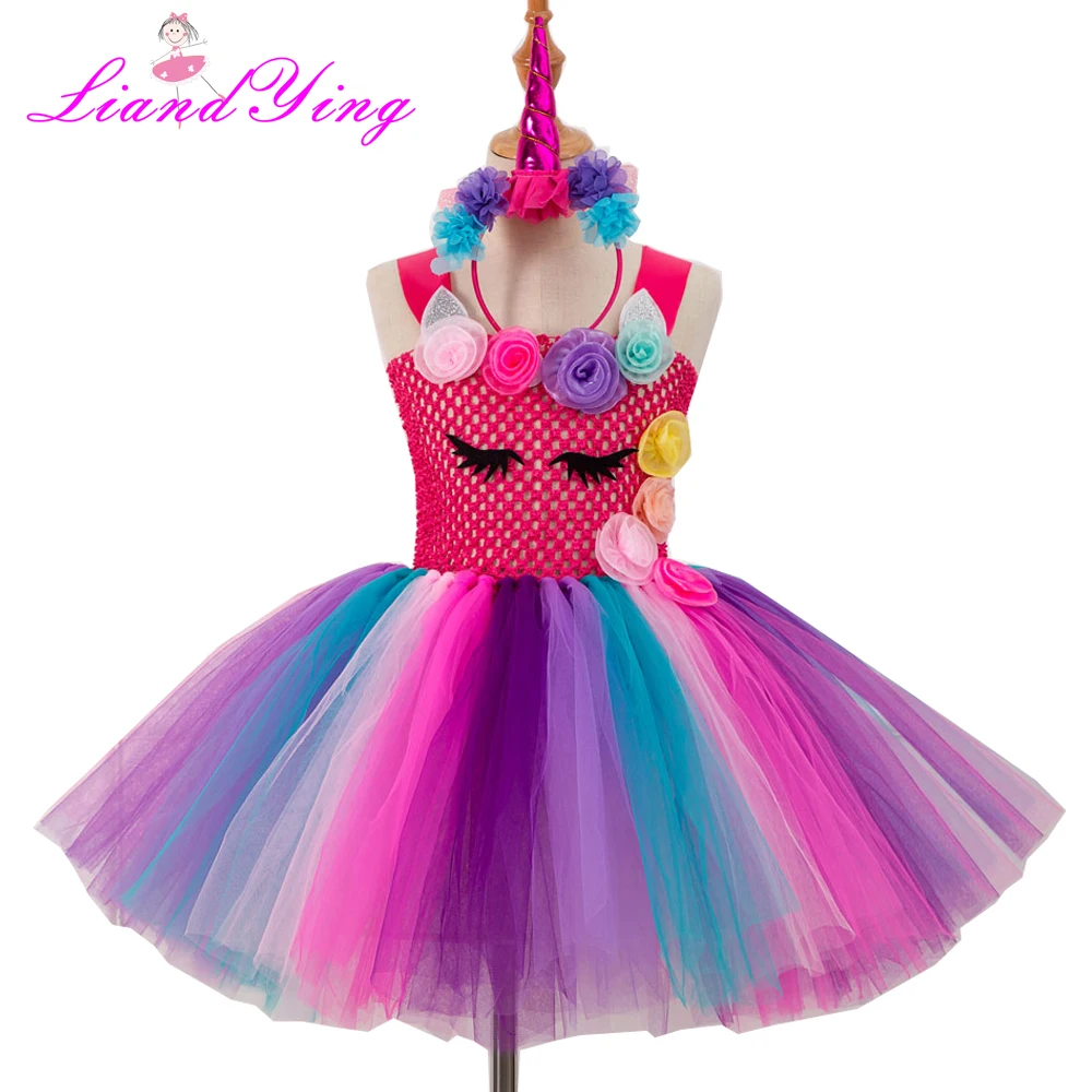 Платье-пачка с цветочным рисунком для девочек; пастельная Радуга; праздничное платье принцессы для девочек на день рождения; Детский костюм на Хэллоуин с повязкой на голову