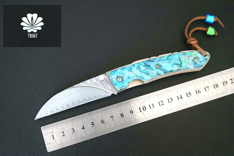 

TRSKT Damascus steel knives Outdoor folding knife Camping Survival Pocket Knife Outdoor Tools Shell + Steel Hnalde Dropshipping