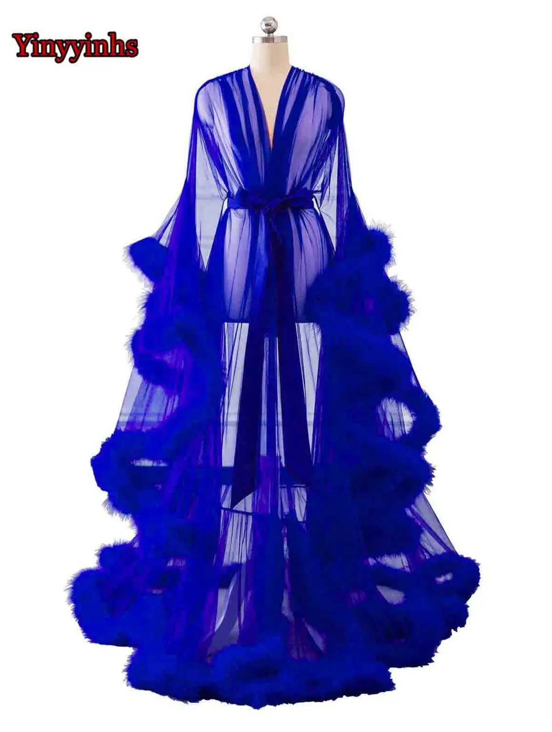 Элегантное vestido de festa длинное вечернее платье v-образный вырез перо длинный рукав Тюль размера плюс вечерние платья для выпускного вечера Robe De Soiree - Цвет: royal blue