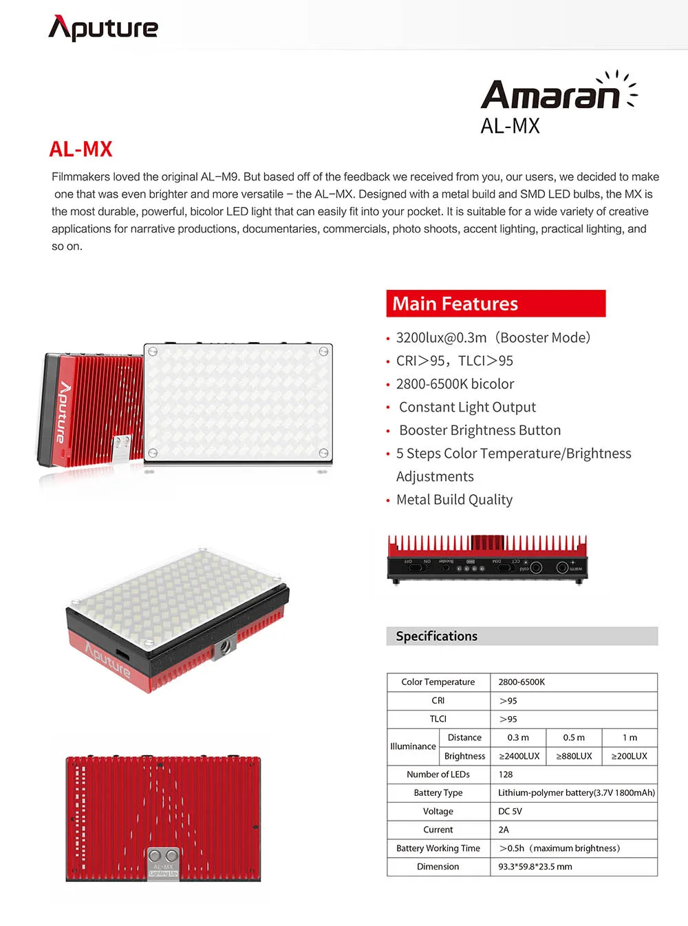 Aputure Amaran AL-MX маленький профессиональный светодиодный накамерный видео светильник TLCI/CRI 95 2800-6500K металлический Карманный светильник со встроенным аккумулятором