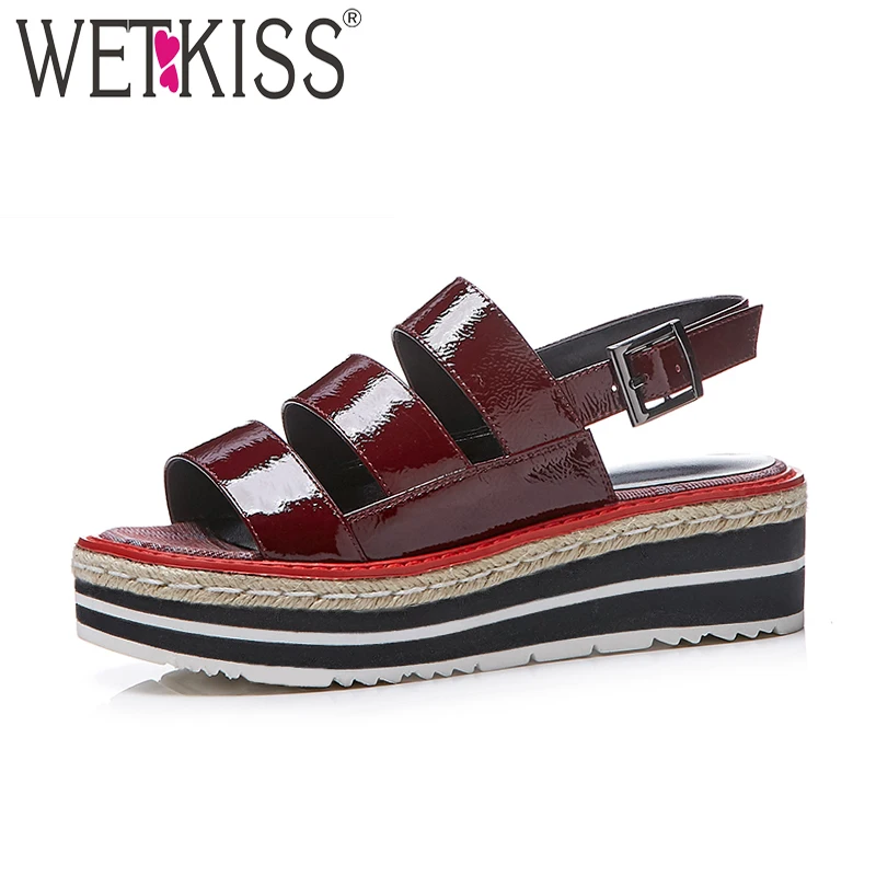 WETKISS Genuine Leather Summer Women Sandals Wedges Straw Weave Platform Footwear 2018 New Fashion Casual High Heels Girl Shoes lenkisen genuine leather big size wedges summer shoes gladiator super high heels straw platform sweet style women sandals l45