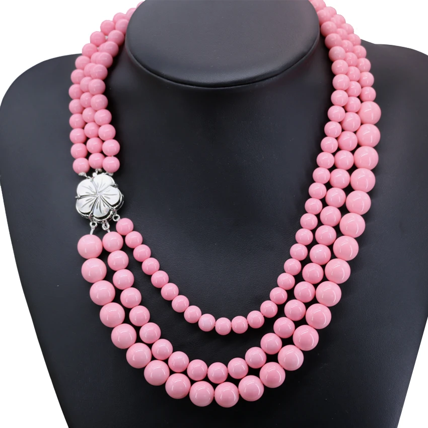 Pink artificial coral round 3 row beads necklace flower shell clasp