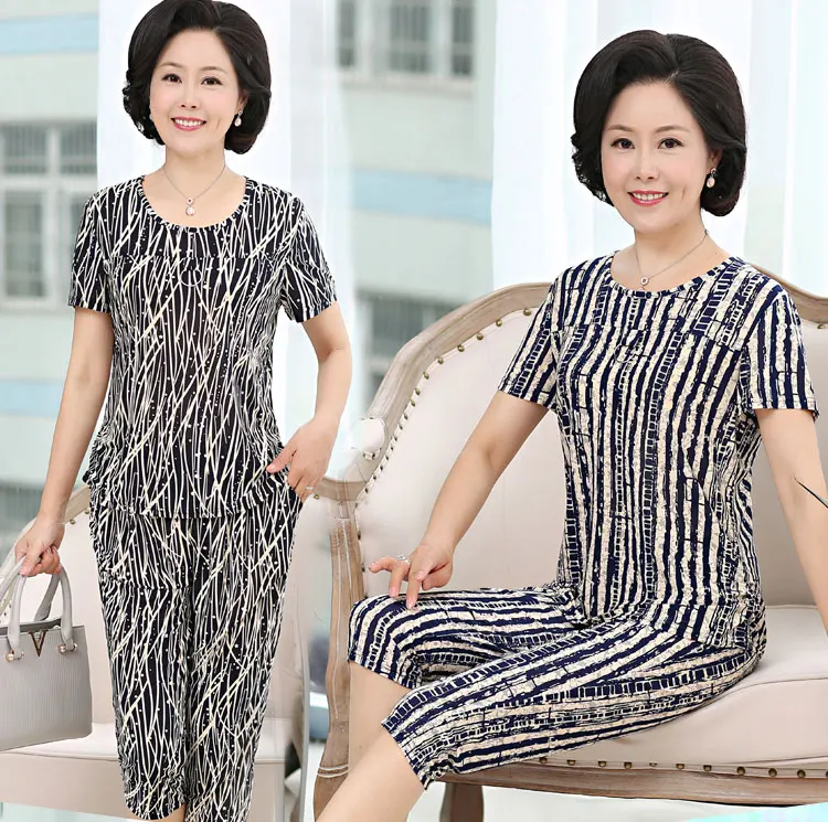Summer Milk silk short-sleeved suit middle-aged women plus size print tops +pants suit grandmother loose 2 pieces suits AS1002