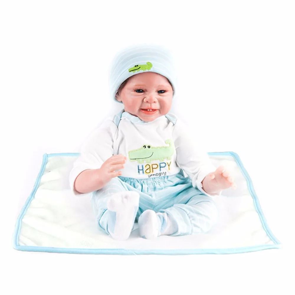 

Cute 55cm Sound Laugh Reborn Baby Dolls Toy Blue Clothes Soft Silicone Lifelike Newborn Baby Toys for Boys Girls Birthday Gift