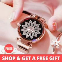 Luxury Rose Gold Women Mesh Magnet Buckle Watches Hot Fashion Flowers Elegant Ladies Wristwatches Female Magnetic Watch Clock