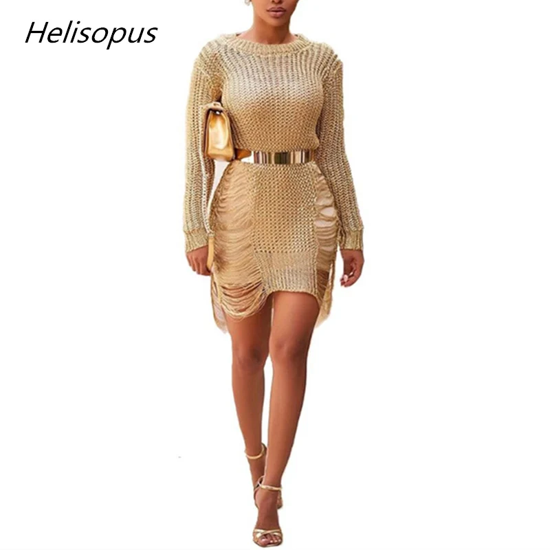 

Helisopus Sexy Women Hollow out Shiny Gold Metallic Knitted Dress Ladies Summer Distressed Beach Mini Dresses