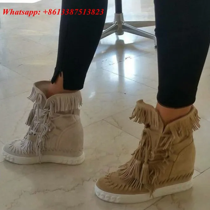 Zapatillas Deportivas Mujer Suede Fringe Lace Up Zapatos Mujer Tassel High Top Hidden Wedges Women Ankle Boots Women Shoes Woman