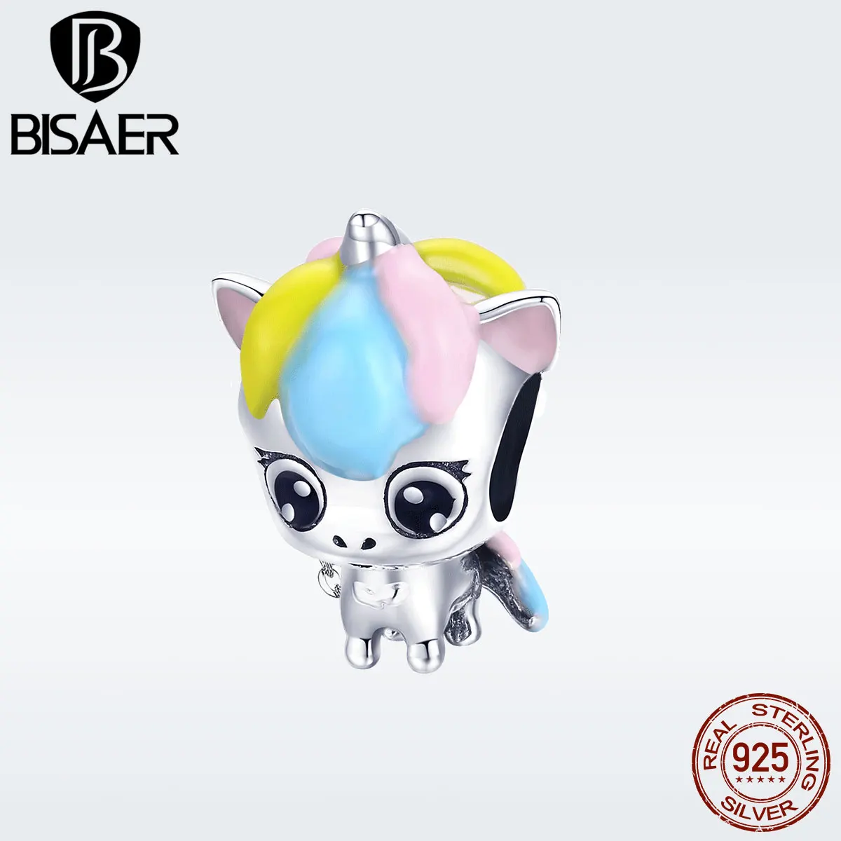 

BISAER 925 Sterling Silver Rainbow Enamel Bead Unicorn Charm Compatible Women Original s925diy Charm Bracelet Girl Gifts GAC059