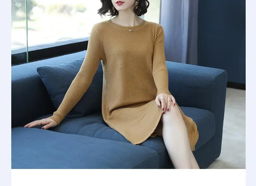 Женское шерстяное платье-свитер на осень и зиму, приталенный длинный свитер, трикотажное платье