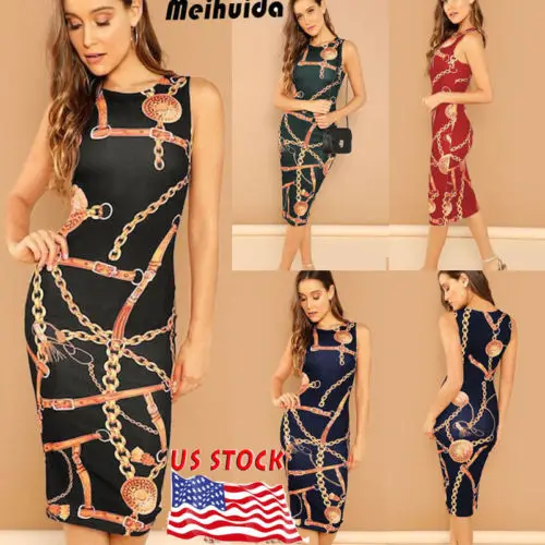 

2019 Summer Fashion New Hot Sale Sheath Empire O-neck Women Chain Print Bodycon Clubwear Evening Party Club Slim Formal Dress US