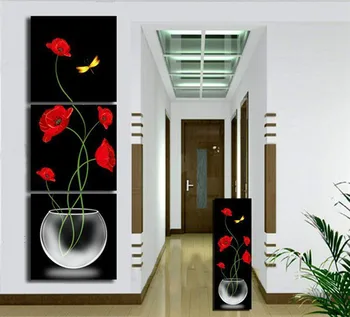 

Hand Painted Red Flower Yellow butterfly Vases Decoratives Oil Painting On Canvas 3 Piece wall Art Sets modern pictures no frame