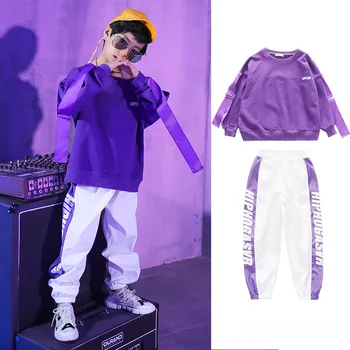 

2018 Kids Adults Autumn Costumes Purple White Jazz Hip Hop dance Pants Purple Personality Sleeve sweatshirts kids suits twinset