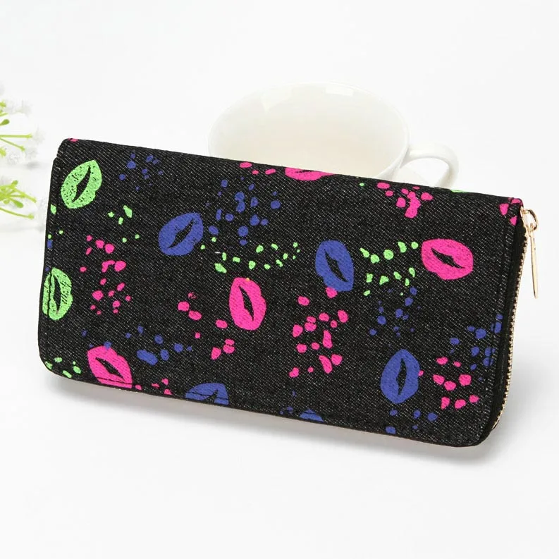 

Women Wallets Lips Prints ID Cards Holder Lady Zipper Purses Handbags Long Moneybag Coin Purse Jeans Fabric Woman Wallet Bags