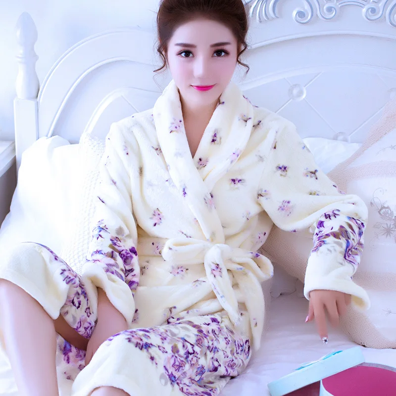 Женские зимние утолщенные милые халаты с длинным рукавом в Корейском стиле, теплая бархатная Женская одежда, Женская модная удобная мягкая одежда - Цвет: 1