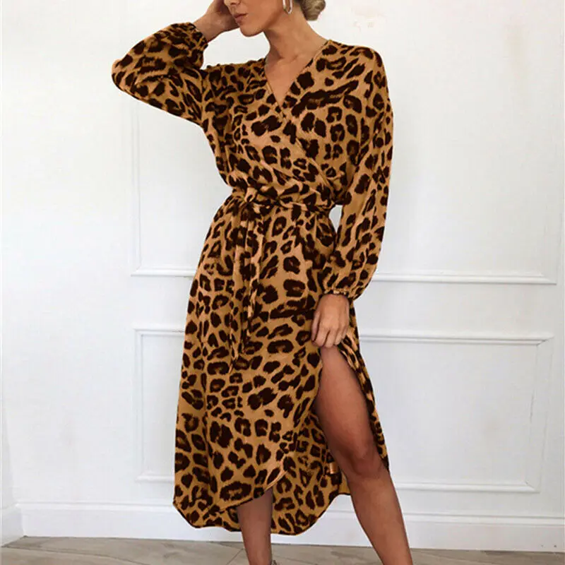 

Hirigin 2019 Newest Summer Ladies Women Long Sleeve Leopard Maxi Dress Split Evening Party Night Elegant Dresses