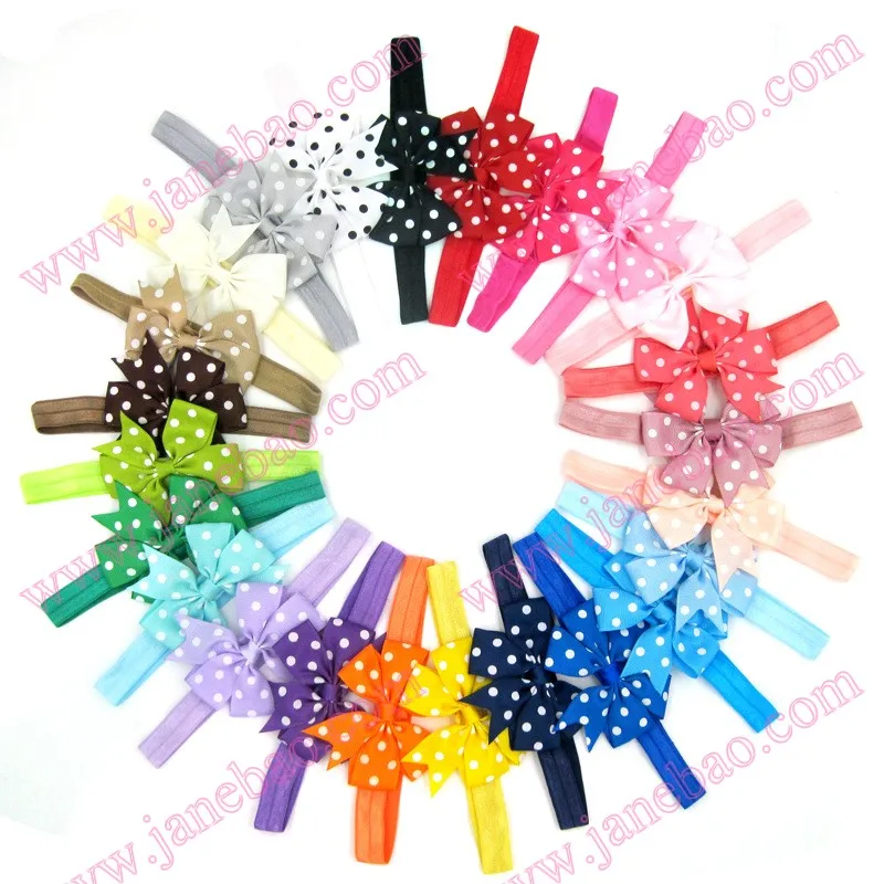 

free shipping 100pcs 3'' pinwheel hair bows headbands hair bows polka dot ribbon bows elastic headbands