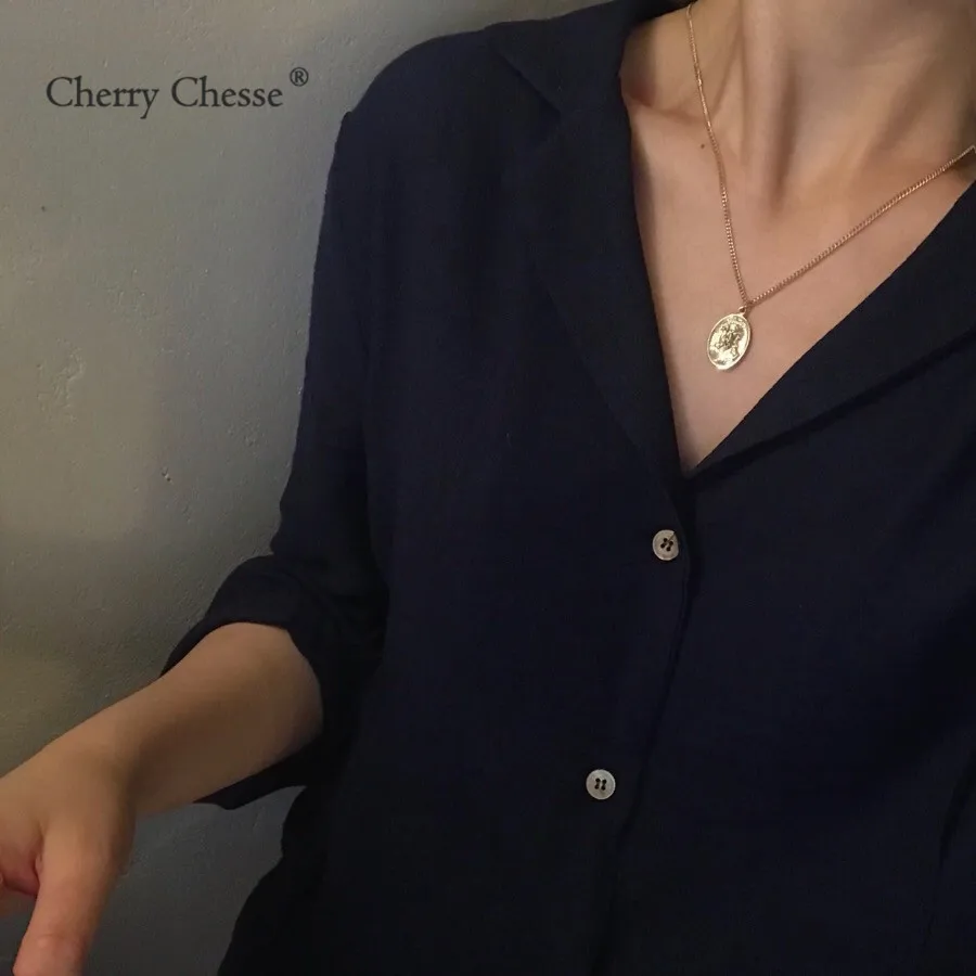 Cherry Chesse Vintage Women Blouse Mid Sleeve Solid V Neck Button Tops Summer Autumn Slim Office Lady Cherry Chesse Vintage Women Blouse Mid Sleeve Solid V Neck Button Tops Summer Autumn Slim Office Lady