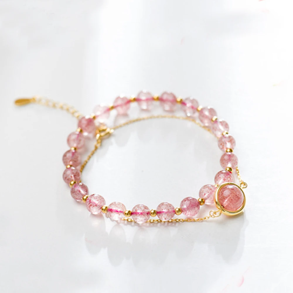 

Genuine Strawberry Quartz Birthday Statement Bracelet Lepidocrocite Beaded Bracelet Gemstone Elastic Cord 6.3" Long 925 Silver