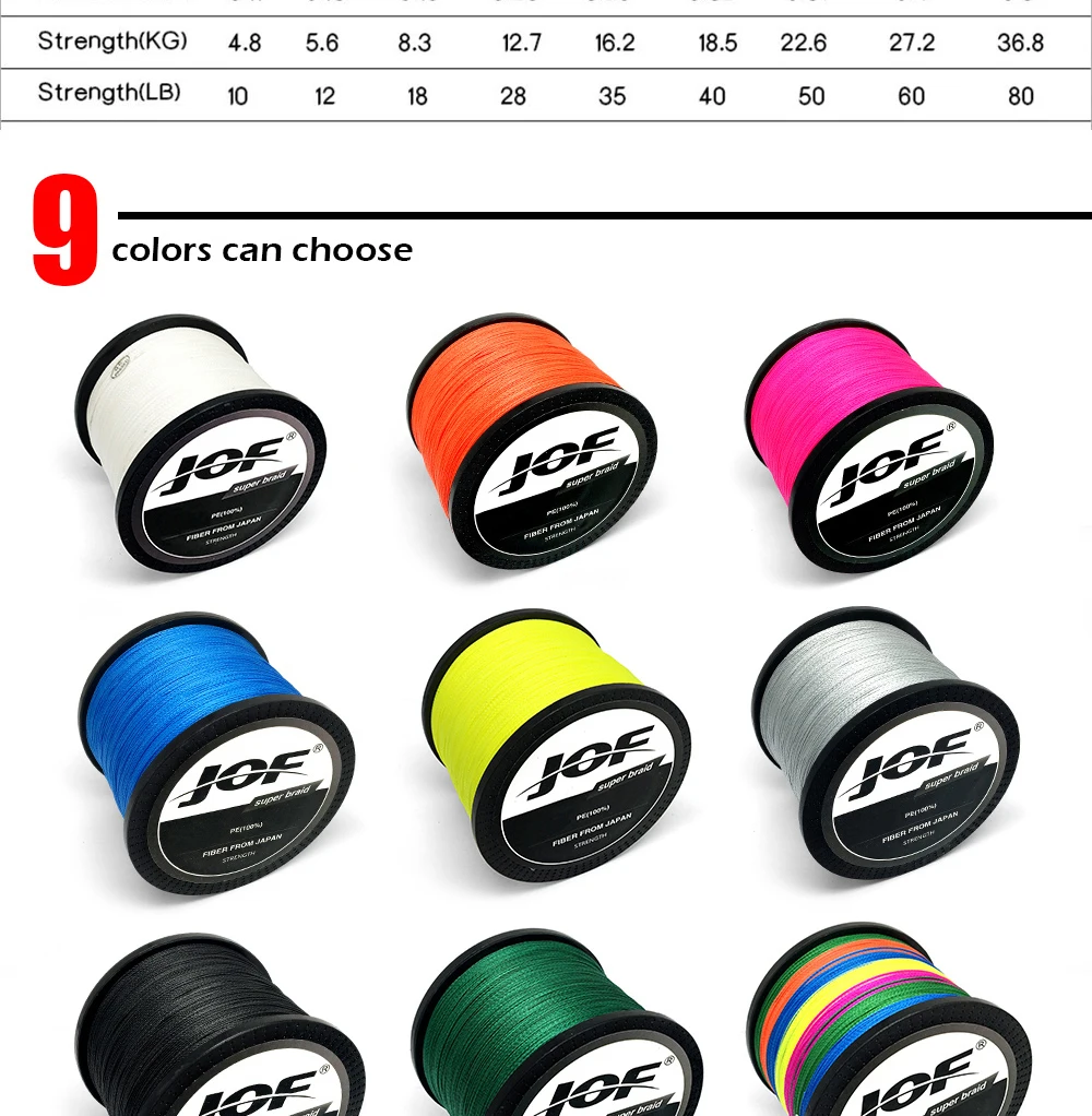 JOF PE Braided Fishing Line Fluorescent Yellow Multifilament Fishing Cord Strong 4 Strands 100M 150M 300M 500M 1000M