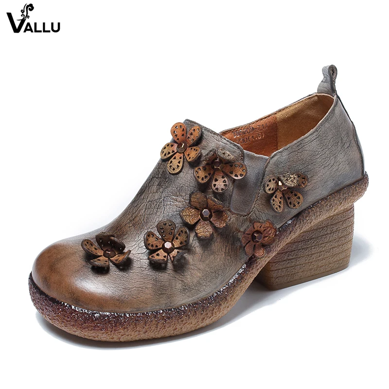 

2018 VALLU Autumn Women High Heel Shoes Genuine Leather Round Toes Handmade Flower Vintage Pumps for Women
