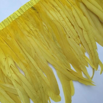 

wholesale 12 Yard long Dyed yellow high quality natural Rooster Feather Fringe trims with Satin Ribbon Tape for skirt costume